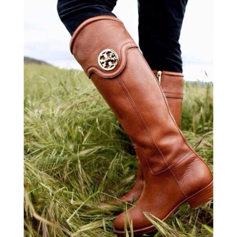Tory Burch Tan pebbled leather riding boots